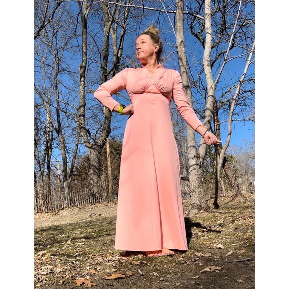 Vintage 60s Peach Coral Polyester A Line Long Sleeve Maxi Dress - Picture 3 of 9